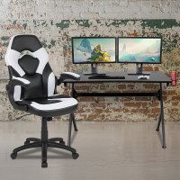 Flash Furniture BLN-X10D1904-WH-GG Black Gaming Desk and White/Black Racing Chair Set with Cup Holder, Headphone Hook & 2 Wire Management Holes